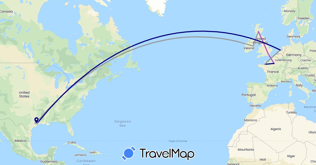 TravelMap itinerary: driving, plane, train in France, United Kingdom, Ireland, Netherlands, United States (Europe, North America)